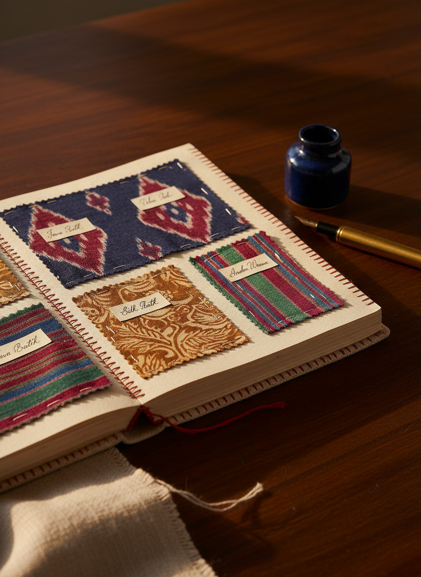 A close-up of a dark, richly grained wooden table displaying an open fabric journal, its thick, cream pages stitched together with visible red thread. Swatches of patterned textiles—ikat, batik, and handwoven stripes in subdued jewel tones—are carefully basted onto the pages, each tagged with tiny handwritten labels in an elegant script. A ceramic ink well and a fountain pen rest beside the journal, with a folded piece of raw-edged linen peeking in from the frame. Warm golden-hour light slants across the scene, highlighting the varied textures and casting elongated, soft shadows. Photographic realism, composed at a slight diagonal with shallow depth of field, creating an intimate, sophisticated mood of reflection and cultural memory.