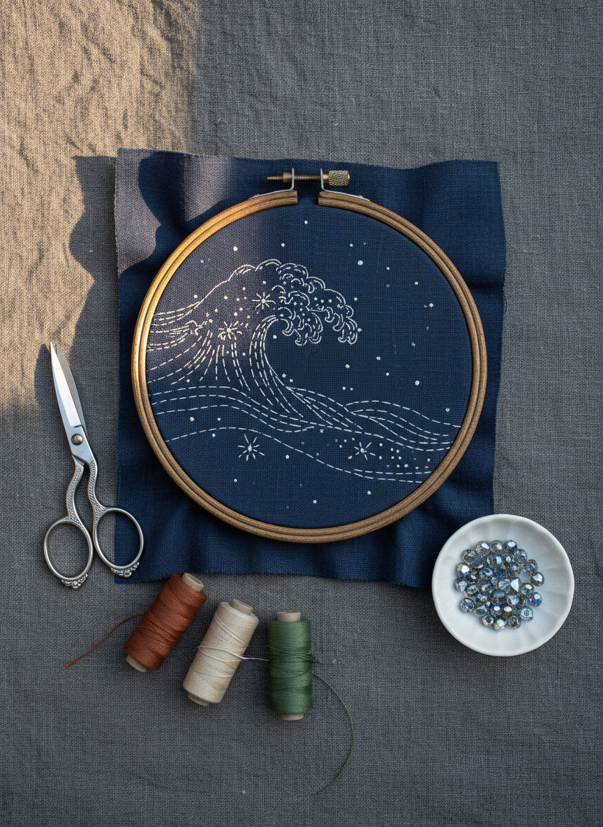 A meticulously arranged flat lay of a vintage wooden embroidery hoop holding deep indigo linen, the fabric partially covered with intricate white sashiko-style stitches forming abstract waves and constellations. Surrounding the hoop are well-worn silver embroidery scissors, spools of muted thread in earth tones, and a small porcelain dish filled with glass beads. Everything rests on a textured, charcoal-gray linen cloth. Soft afternoon window light falls from the left, creating gentle highlights on the metal tools and subtle shadows between objects. Photographic realism with a calm, contemplative atmosphere, shot from directly overhead with sharp focus throughout, evoking sophisticated cultural storytelling and the transformation of melancholy into delicate textile art.