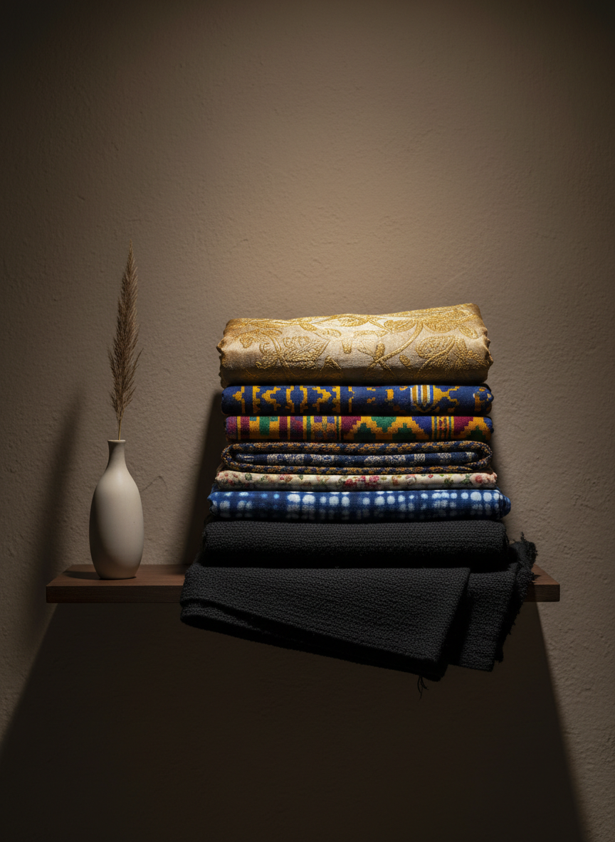 An intricately folded stack of culturally diverse textiles rests on a floating dark wood shelf against a smooth, muted clay-colored wall. The stack transitions from a solemn, nearly black handwoven cloth at the base through indigo-dyed shibori, faded floral chintz, and geometric kente-inspired patterns, up to a luminous silk brocade embroidered with gold thread at the top. A single, slender ceramic vase containing one dried grass stem stands beside the stack. Subtle, directional spotlighting from above and slightly to the right creates refined highlights on the metallic threads and deep, sophisticated shadows beneath the folds. Photographic realism, composed with asymmetrical balance and a shallow depth of field that softly blurs the wall texture, evoking a museum-like, contemplative mood of layered cultural stories.