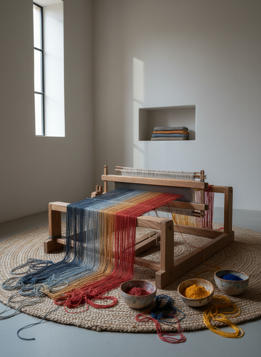 A low, handcrafted wooden loom sits on a woven jute rug, holding an in-progress textile that shifts from desaturated grays at one end to rich, warm ochres and crimsons at the other, as if sadness is gradually transforming into vibrancy. Stray threads pool at the edges like delicate tangles, and small ceramic bowls hold natural dye pigments in earthy reds, indigos, and saffron. The setting is a minimalist room with smooth plaster walls in soft off-white and a single niche displaying folded textiles. Cool morning light filters through a high window, creating gentle contrast and crisp yet tender shadows. Photographic realism, shot from a slightly elevated three-quarter angle, with moderate depth of field, capturing both loom and surrounding context in a poised, contemplative atmosphere.